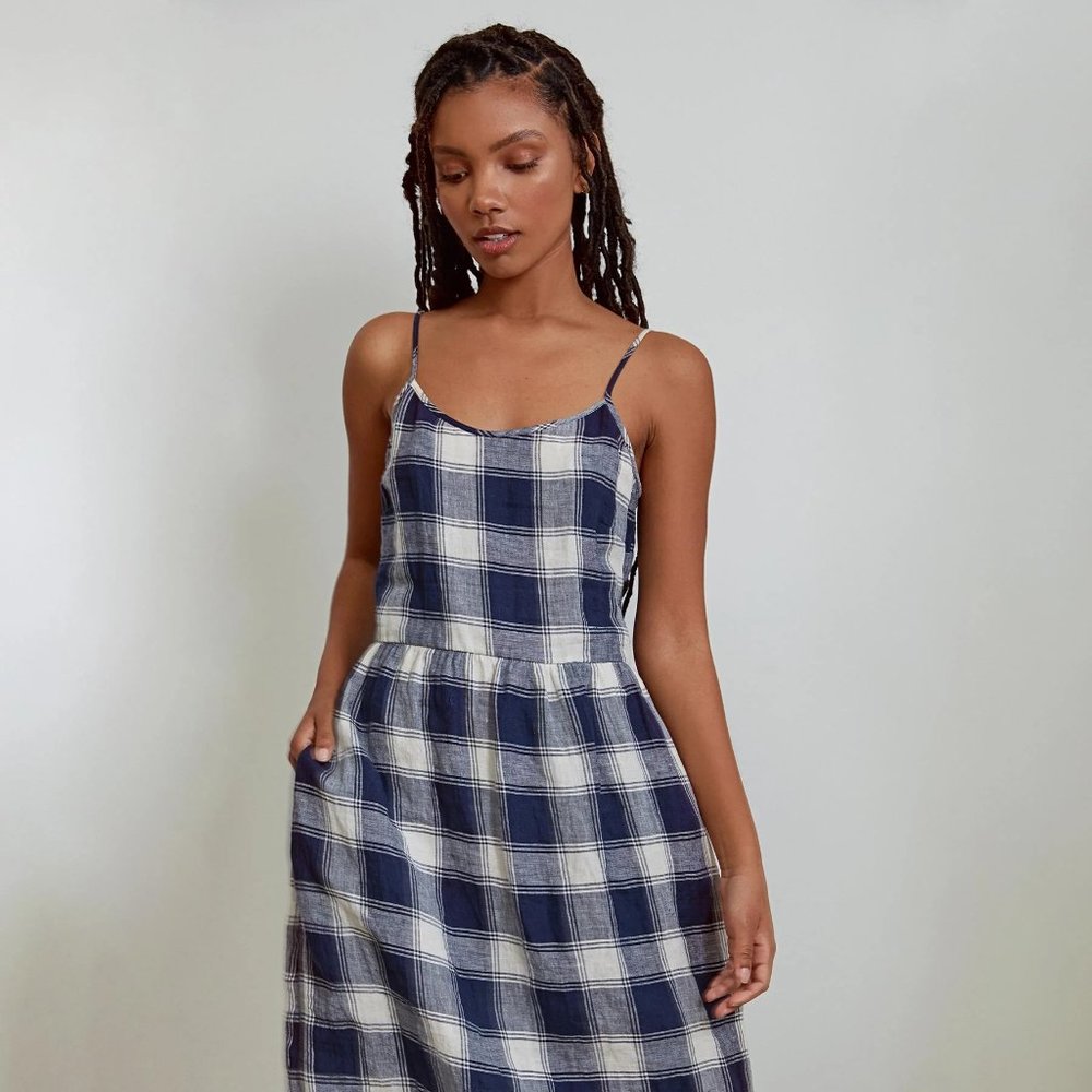 Brighton Plaid Model No.34 Spaghetti Strap Midi Linen Dress
